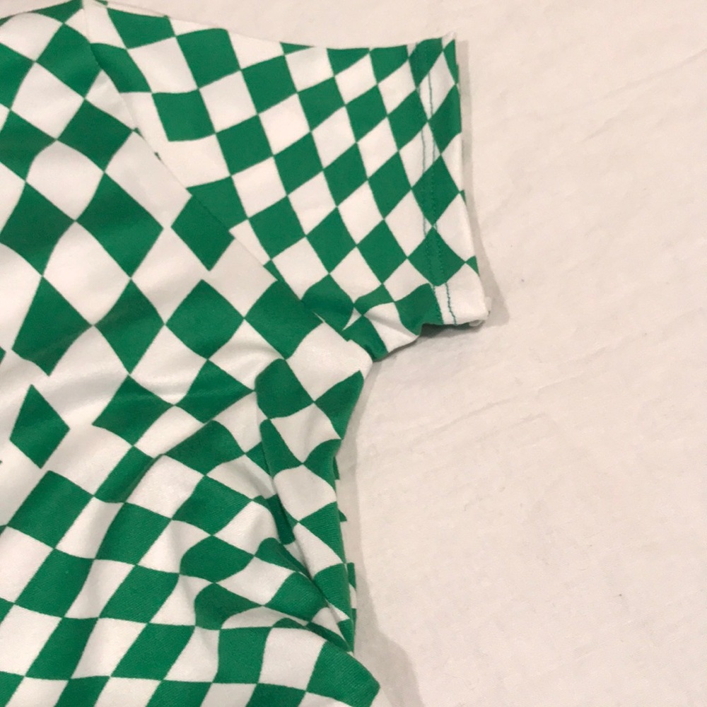 Dressed In LALA “Vibe Check Checkered Dress” Ruched Green White S - Picture 7 of 14